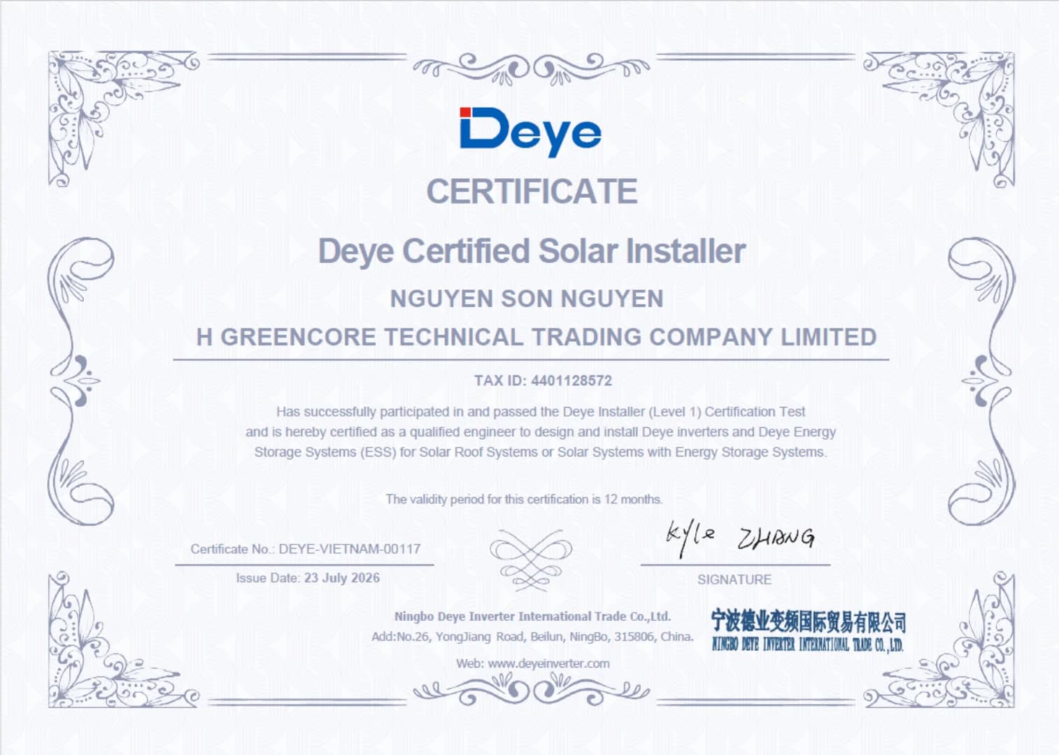 Chứng chỉ Deye Certified Solar Installer cấp cho H Greencore Technical Trading Company Limited